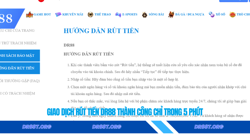 Giao dịch rút tiền Dr88 thành công chỉ trong 5 phút